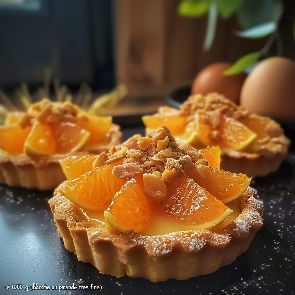 Side view of mouthwatering Tartelettes à la Clémentine Corse with a glossy citrus topping and crumbly base.
