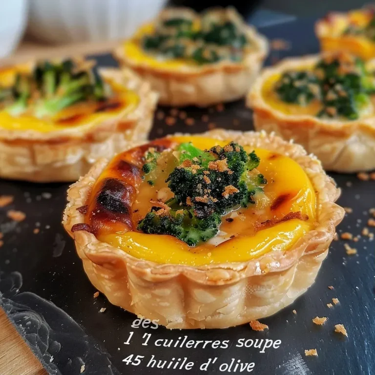 A close-up view of vegetarian mini tartelettes, showcasing a golden crust filled with vibrant broccoli and a hint of mustard.