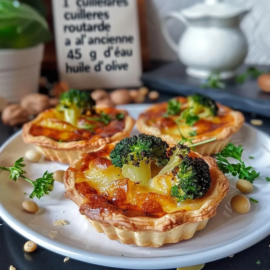 Side view of delectable vegetarian tarts, featuring a flaky pastry and lush filling made from fresh ingredients.