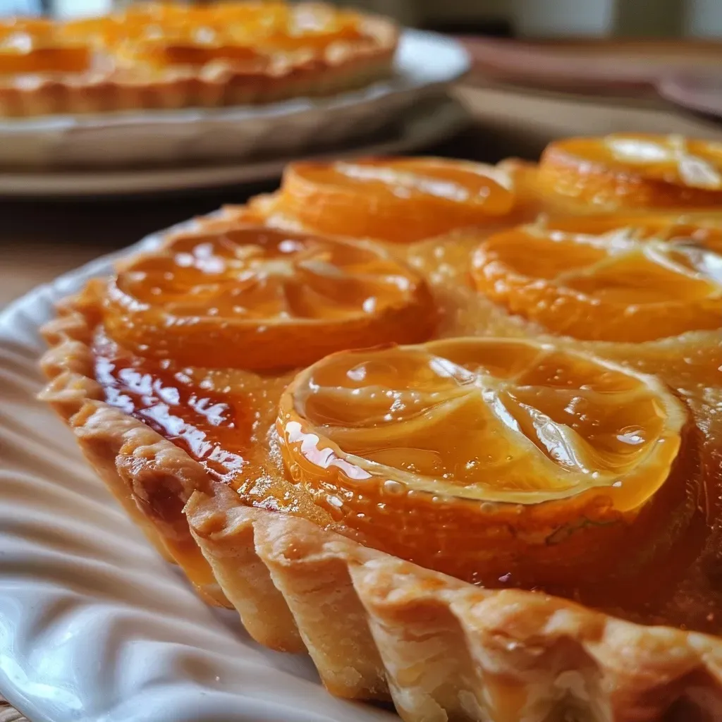 Close-up view of a golden-brown tartelette filled with bright orange clémentine segments.