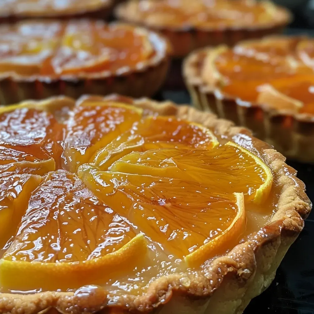 Side view of a delectable clémentine tartlet showcasing its glossy citrus filling and crust.