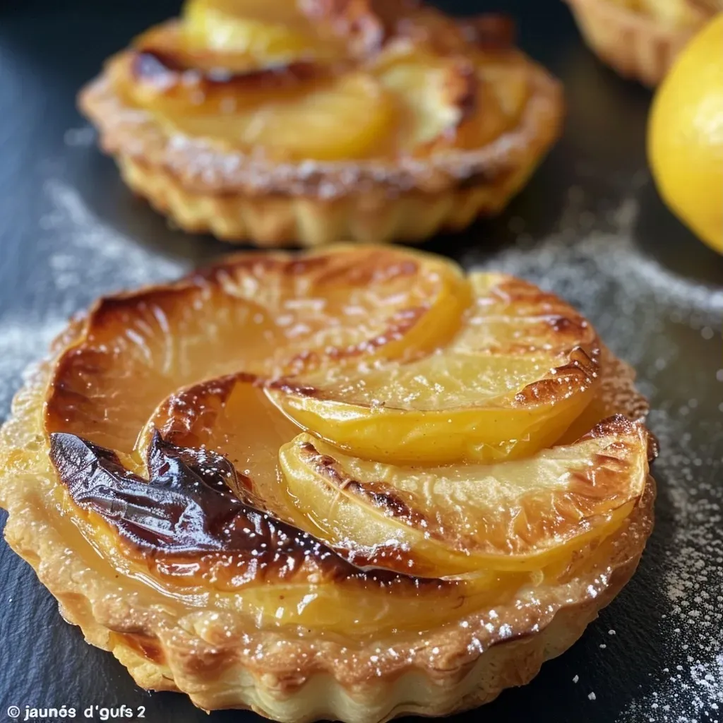 Close-up view of a golden-brown apple tartlet with visible cinnamon dusting.