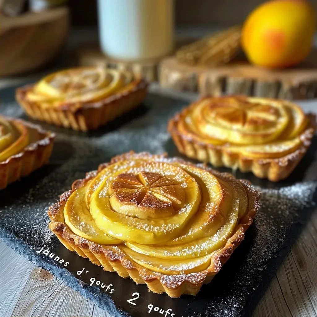 Side perspective of a freshly baked apple tartlet, showcasing its flaky crust and juicy filling.