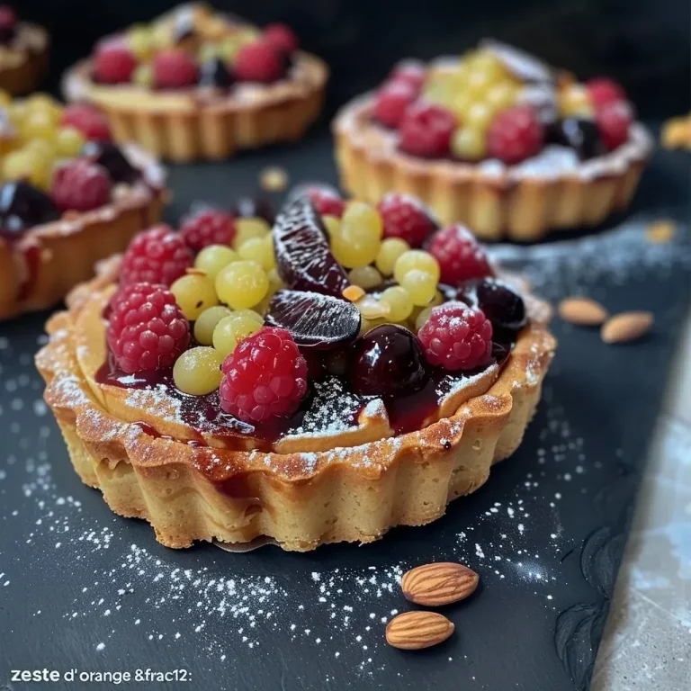 Tartelettes véganes aux fruits rouges et à la crème onctueuse : un délice à partager Close-up view of vegan tartelettes topped with fresh raspberries and blackberries.