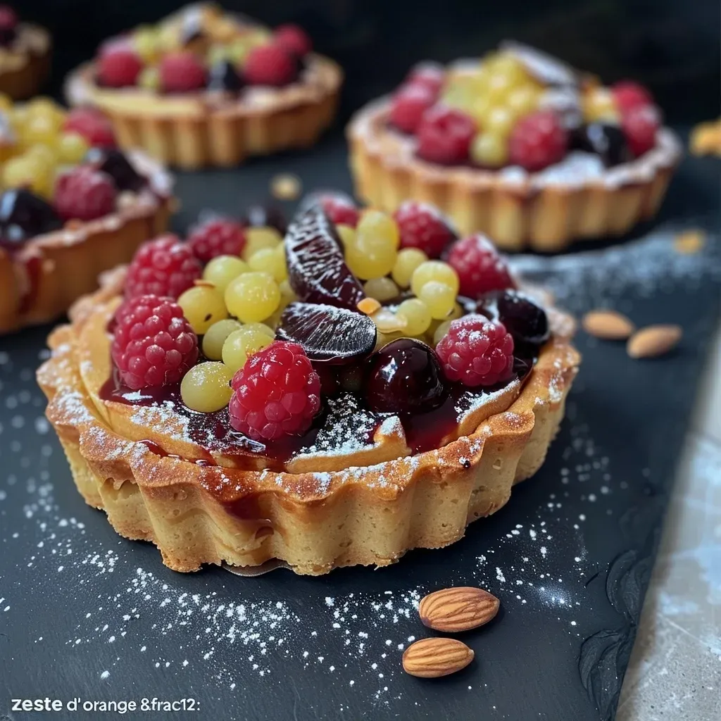 Close-up view of vegan tartelettes topped with fresh raspberries and blackberries.