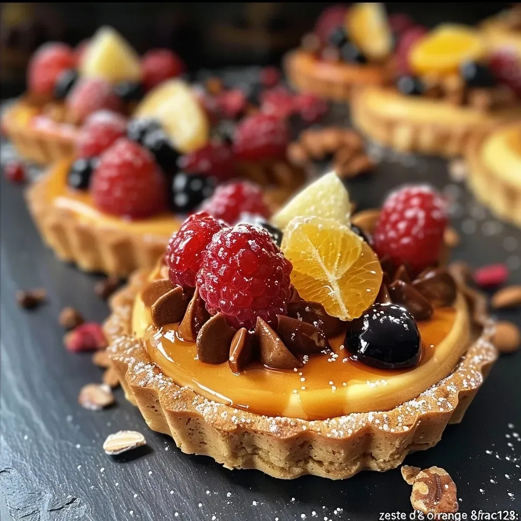 A side view of decadent vegan tartelettes featuring a glossy chocolate ganache and fruit toppings.