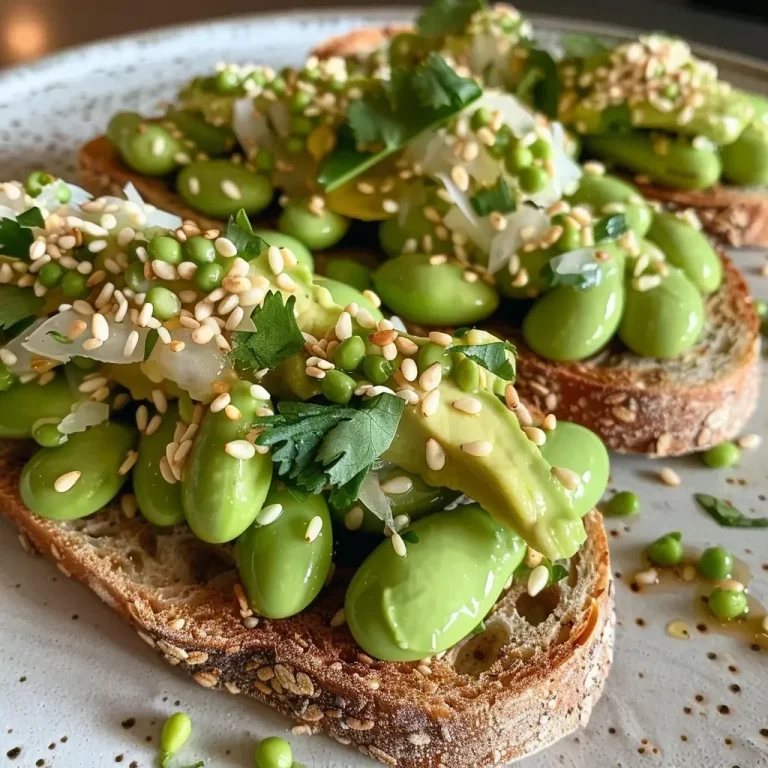 Close-up view of smashed edamame toast topped with avocado, garlic, and cilantro.