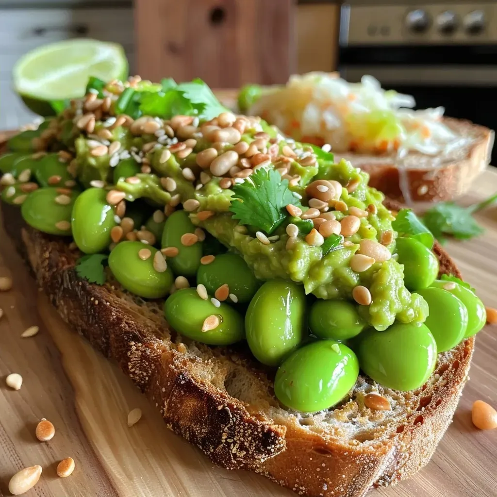 Side view of a colorful smashed edamame toast highlighting its fresh ingredients.