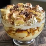 A close-up side view of a layered banana trifle with slices of banana and whipped cream.