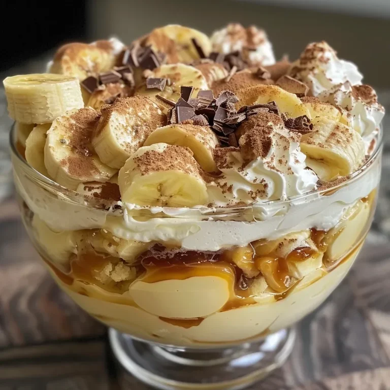 A close-up side view of a layered banana trifle with slices of banana and whipped cream.