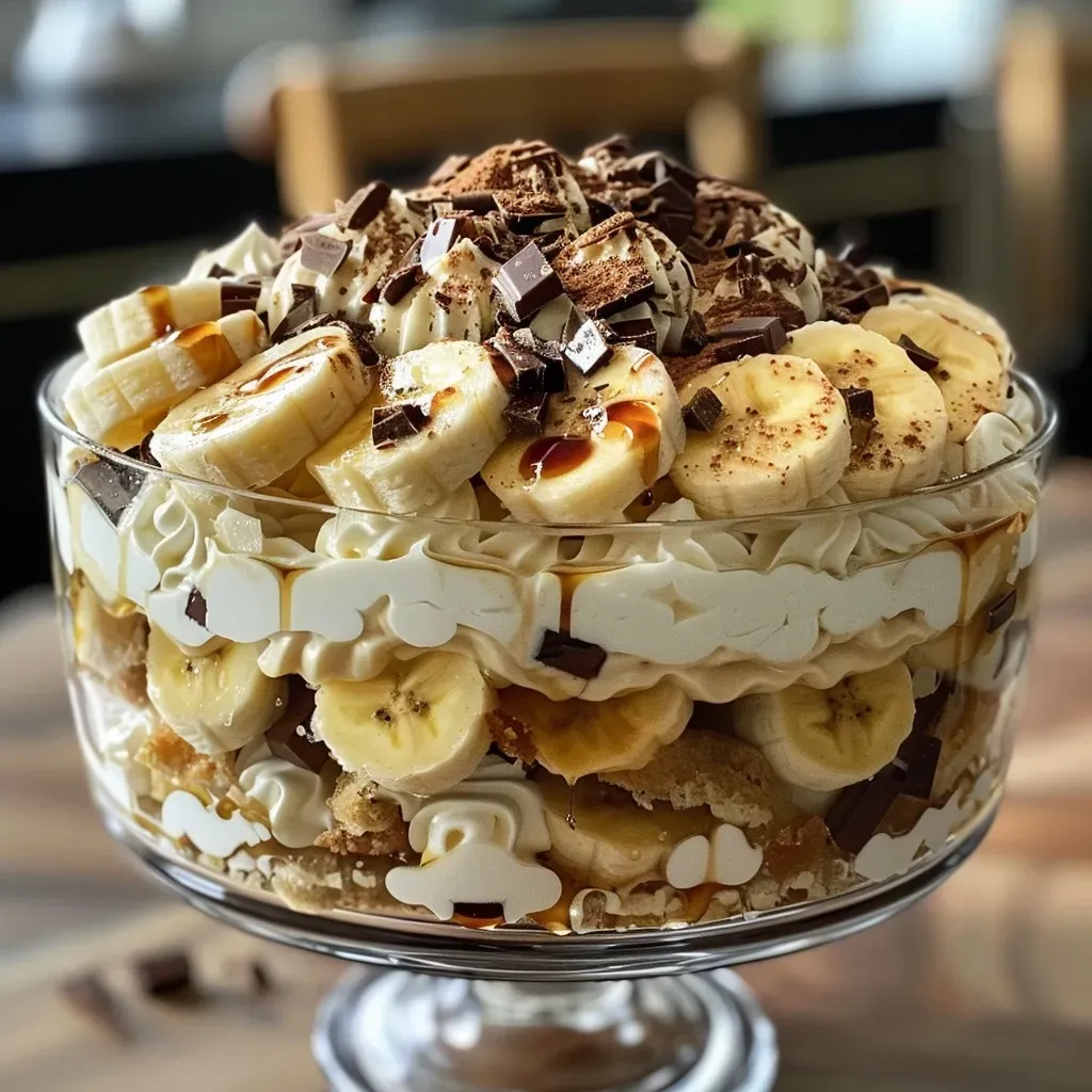 Delicious banana trifle showcasing layers of vanilla custard, banana slices, and sponge cake.