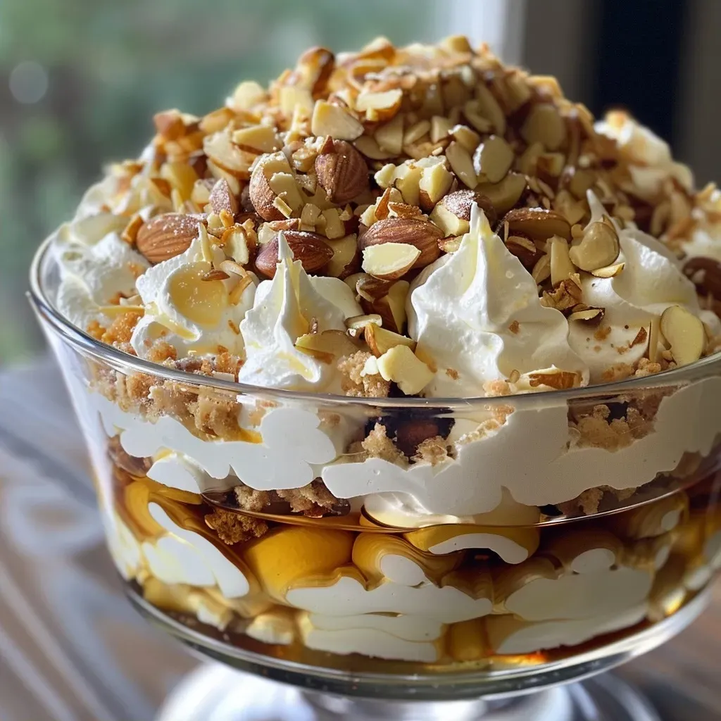 Side view of a delicious trifle featuring marrons glacés and whipped cream.
