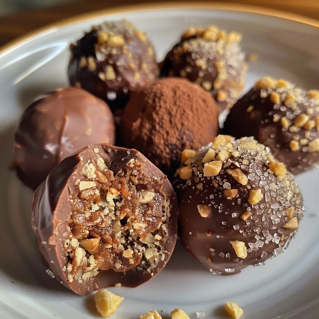 Side view of rich, chocolate-covered maple truffles with a nutty coating.