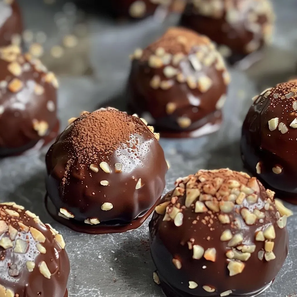 Side view of rich chocolate truffles sprinkled with cocoa.