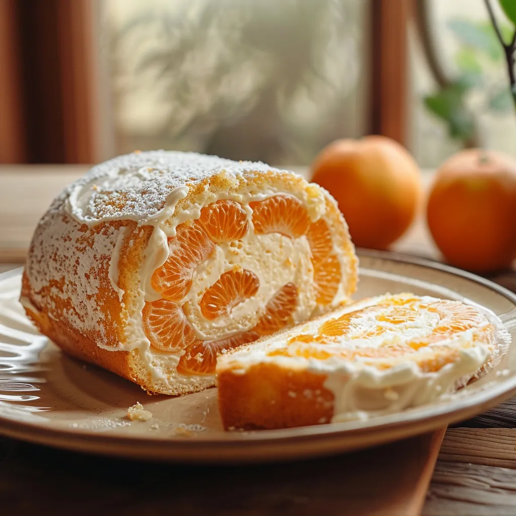 A detailed angle of a ginger and Skyr log cake, featuring a smooth texture and vibrant citrus garnish.