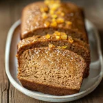 A close-up side view of a classic French spiced gingerbread loaf cake, showcasing its rich texture and golden-brown color.
