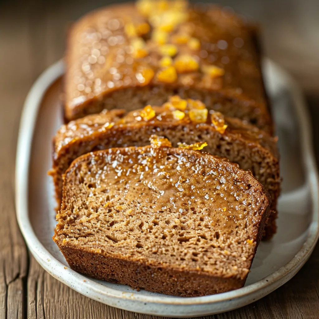 A close-up side view of a classic French spiced gingerbread loaf cake, showcasing its rich texture and golden-brown color.