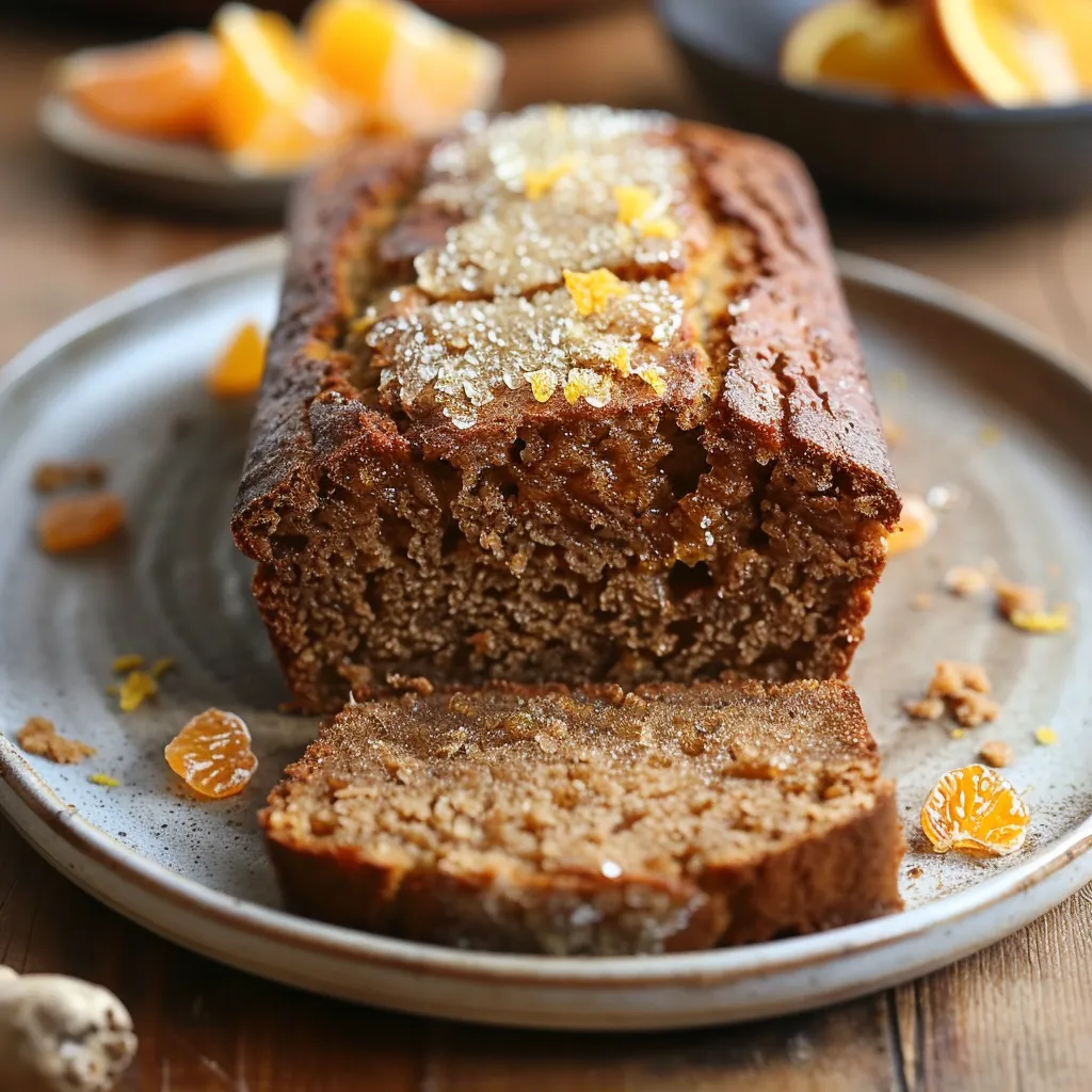 Side angle of a homemade pain d'épices, revealing the moist slice with visible spices and orange zest.