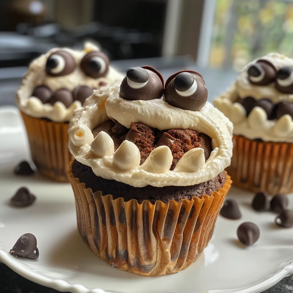 Side view of a delicious Halloween-themed cupcake, featuring cream cheese frosting and chocolate decorations.