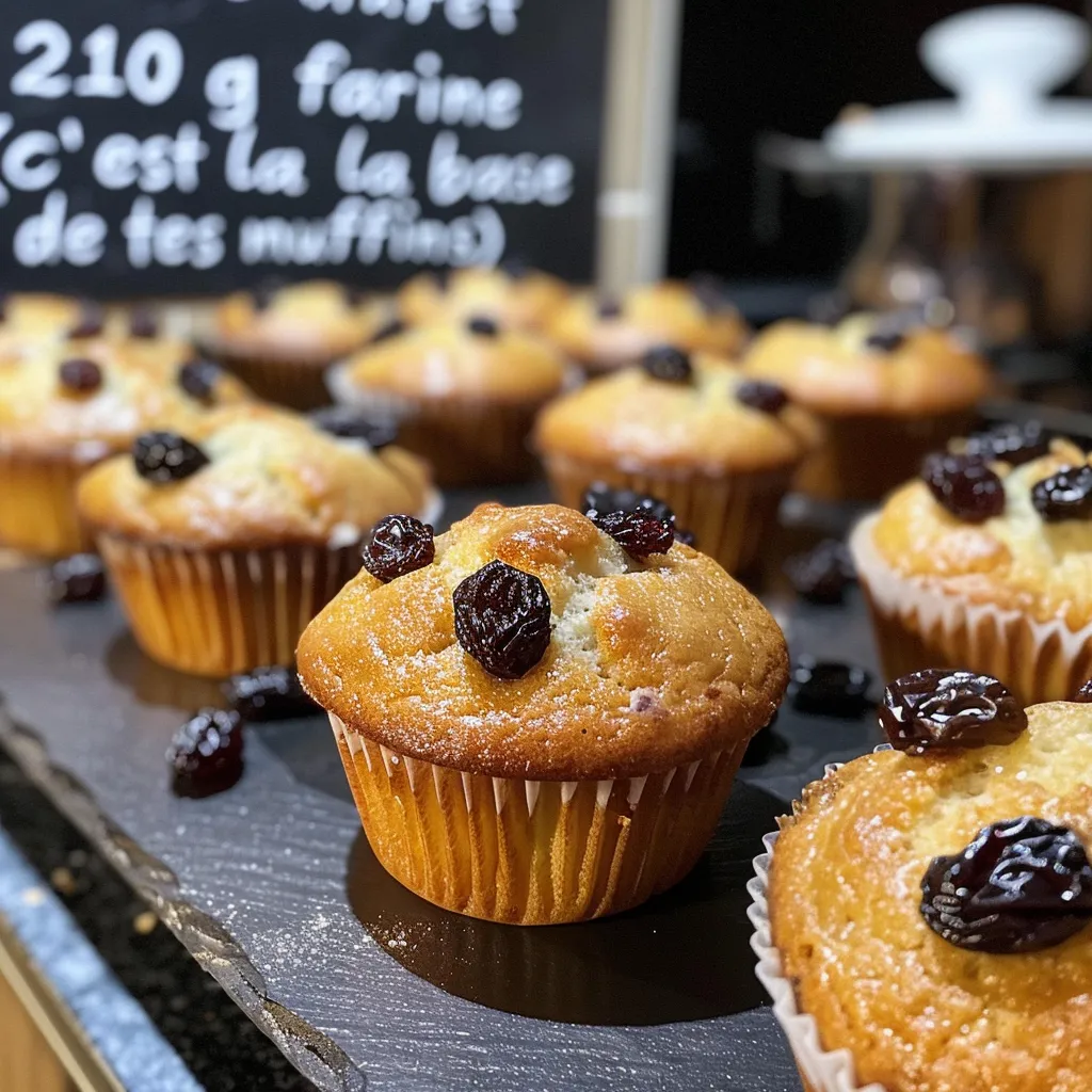 Side view of golden muffins studded with juicy raisins and topped with a sugar glaze.