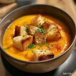 Close-up side view of creamy butternut squash soup with chestnuts.