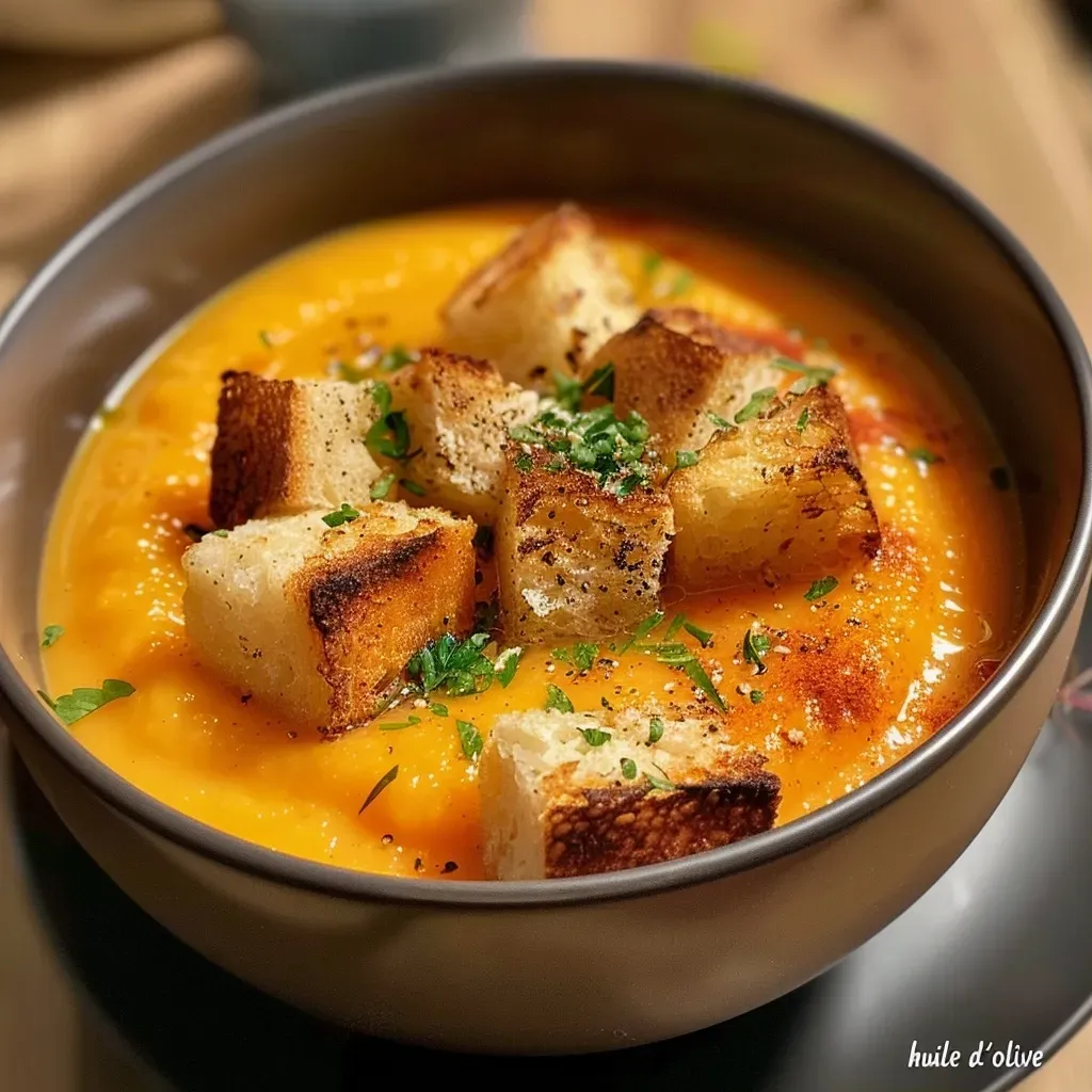 Close-up side view of creamy butternut squash soup with chestnuts.