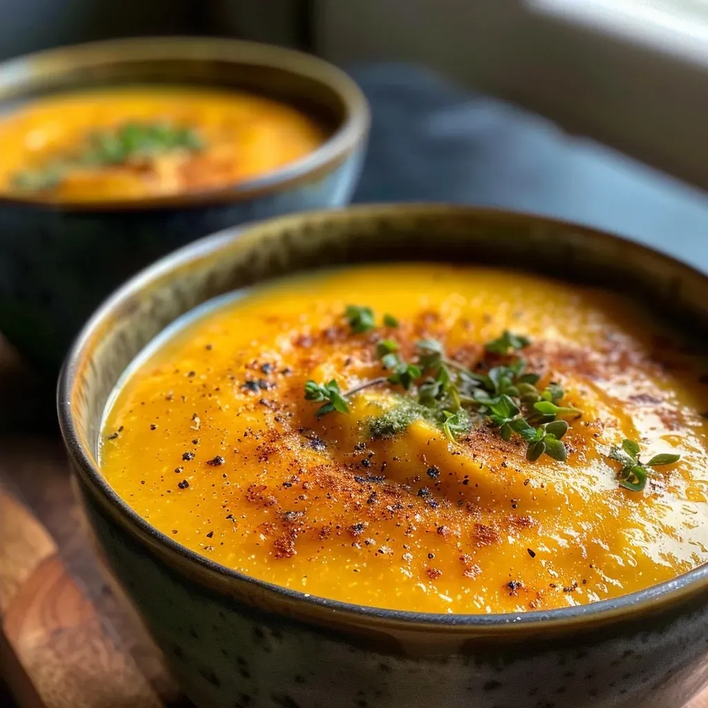 Rich velouté de butternut in a bowl, garnished and ready to serve.