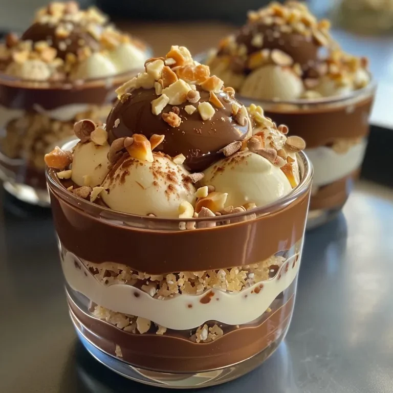 Close-up of a chocolate verrine with visible layers and toppings.