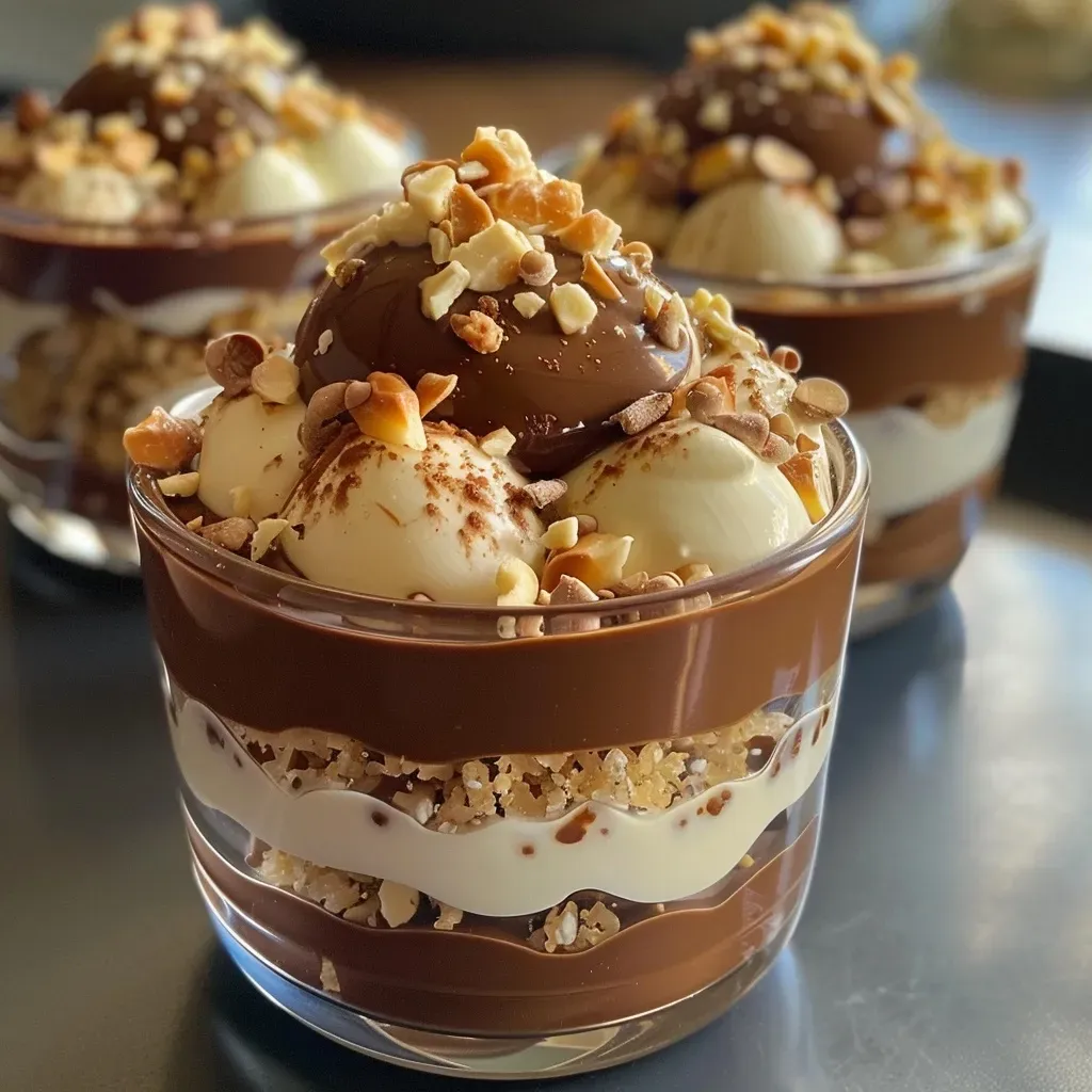 Close-up of a chocolate verrine with visible layers and toppings.