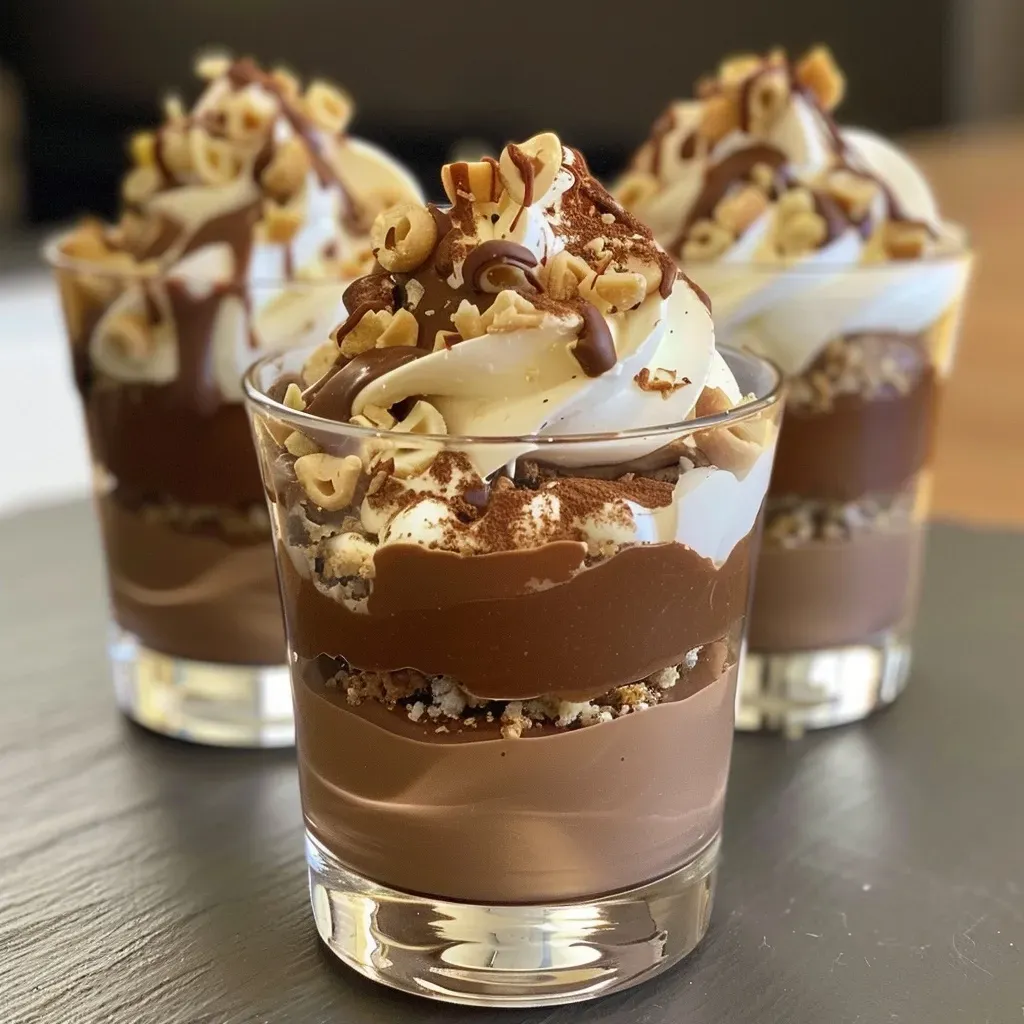 A side view of a rich chocolate verrine showcasing textures and colors.