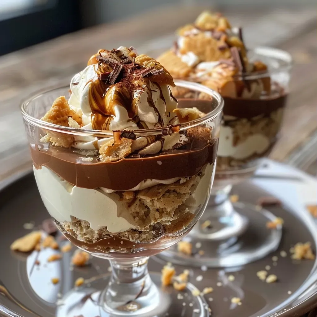 Close-up view of a creamy verrine dessert with layers of mascarpone, chocolate, and crumbled biscuits.