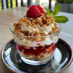 Close-up view of a verrine dessert with layers of yogurt and fruit.