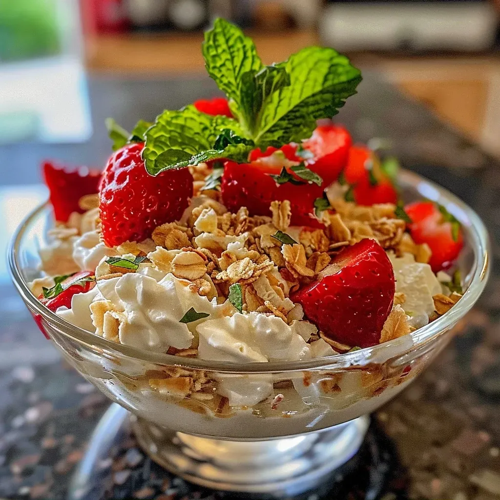 Side view of a colorful dessert in a glass featuring granola, yogurt, and a strawberry.