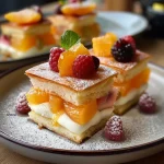 Close-up of colorful verrines topped with peach slices and creamy yogurt.