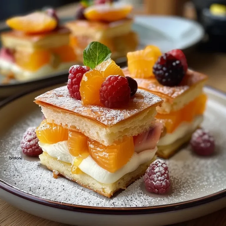 Close-up of colorful verrines topped with peach slices and creamy yogurt.