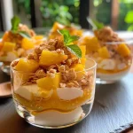 Close-up view of mango-passion fruit verrines in a glass.