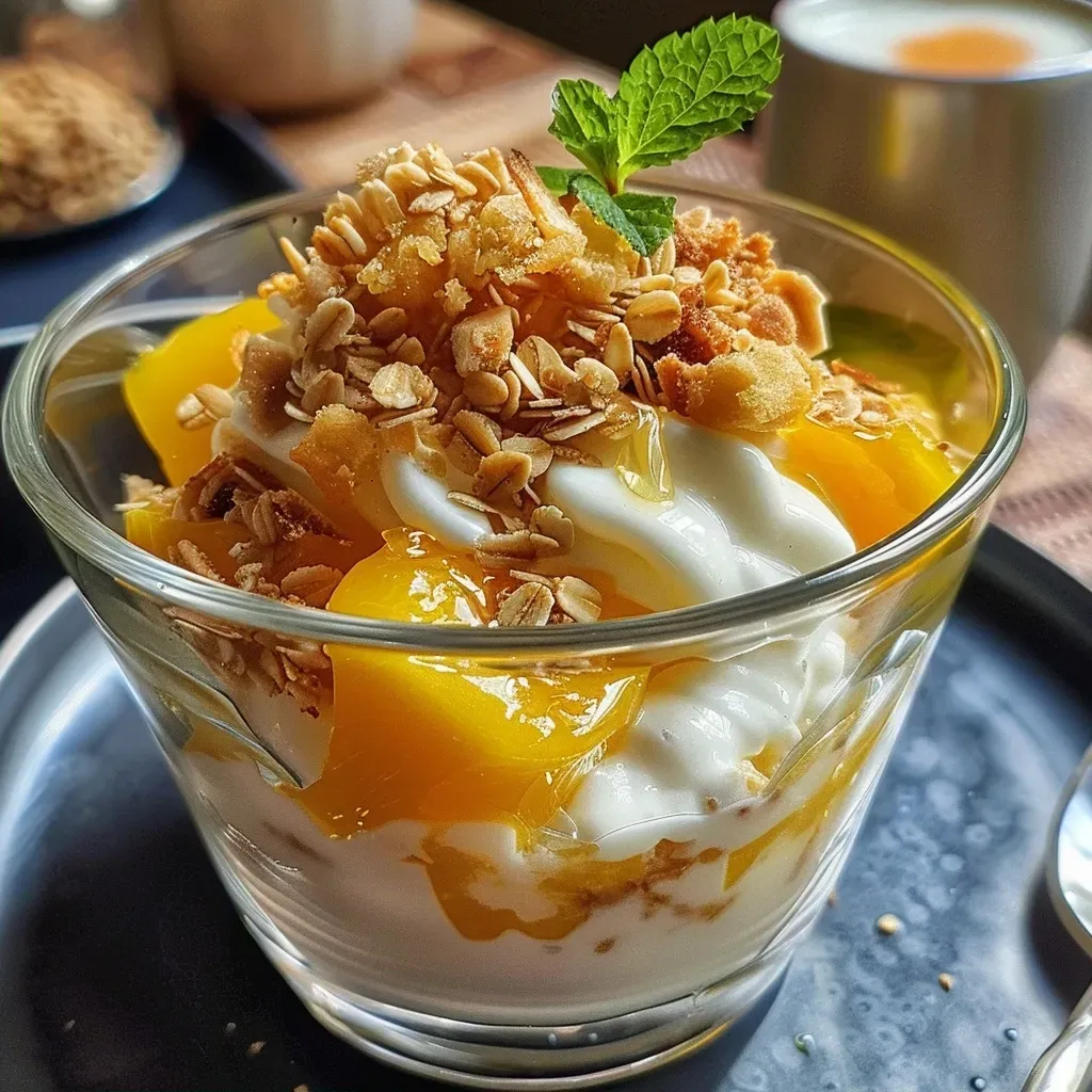 Side view of layered mango-passion dessert in a clear cup.