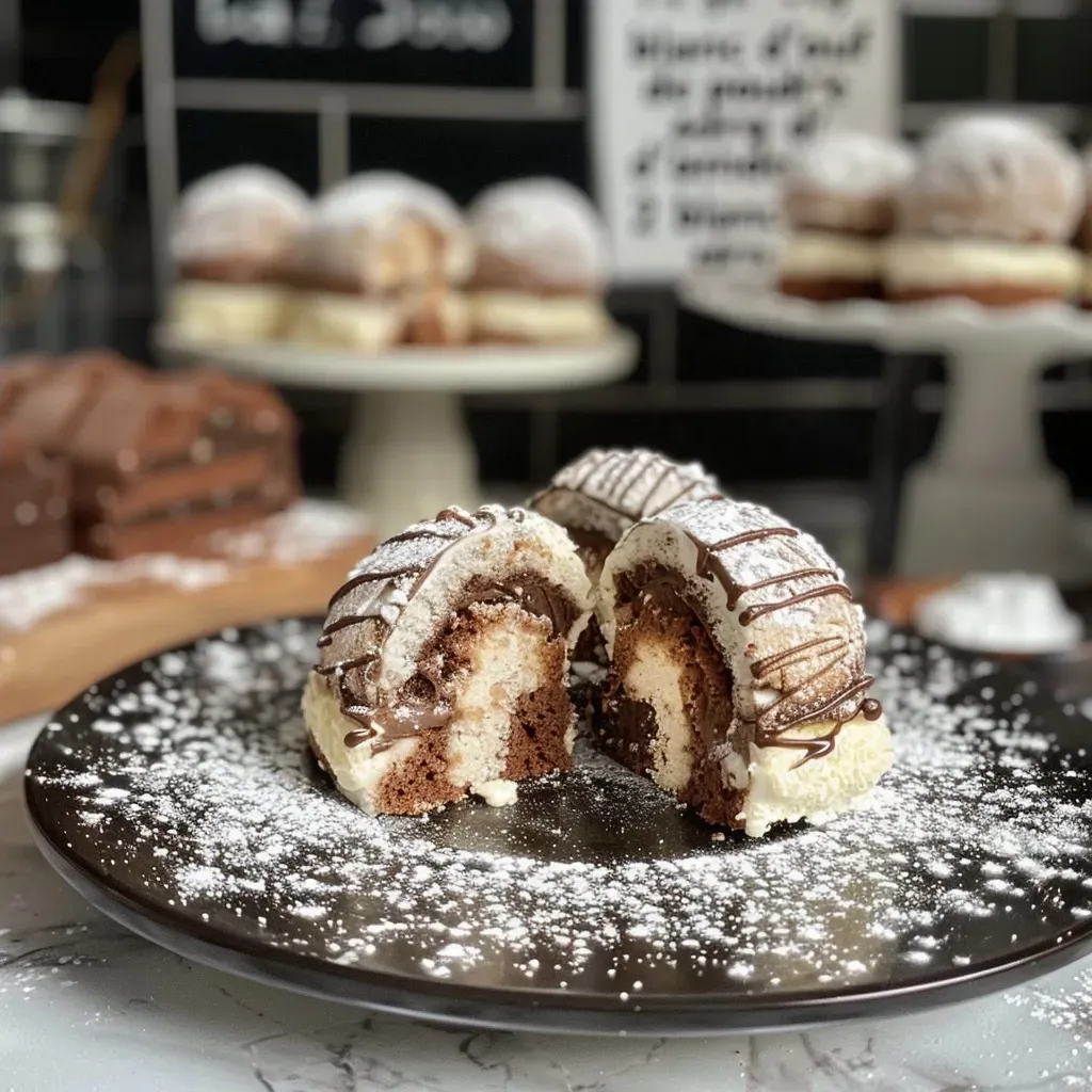 Side view of a delicious chocolate praline biscuit roll displayed on a plate.