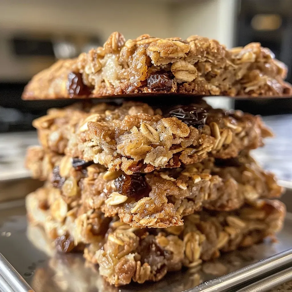 Side view of baked oatmeal biscuits filled with juicy raisins on a plate.