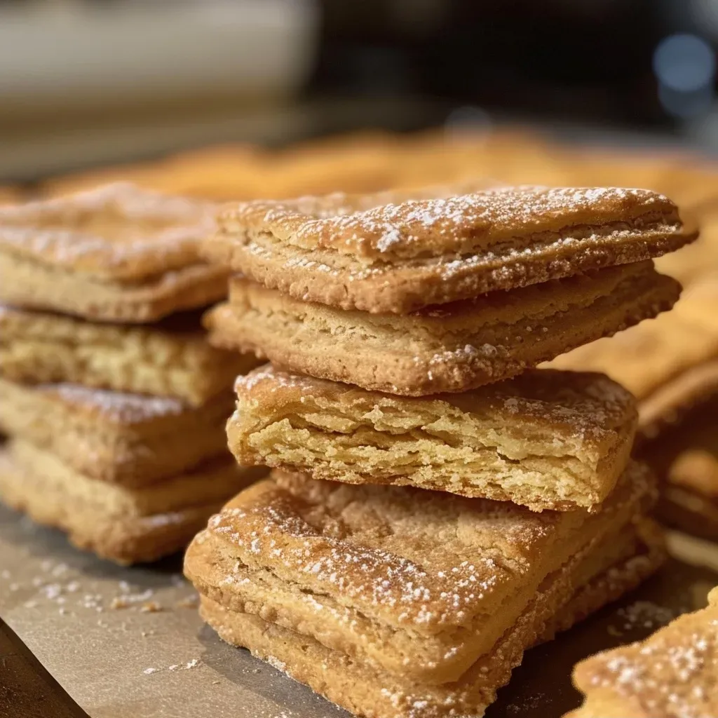 Side view of soft, golden biscuits cuillère with a dusting of powdered sugar.