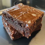 Close-up view of a chocolate brownie with walnut pieces, showing a moist texture.