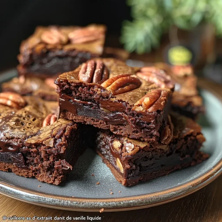 Close-up side view of a decadent brownie topped with pecans.