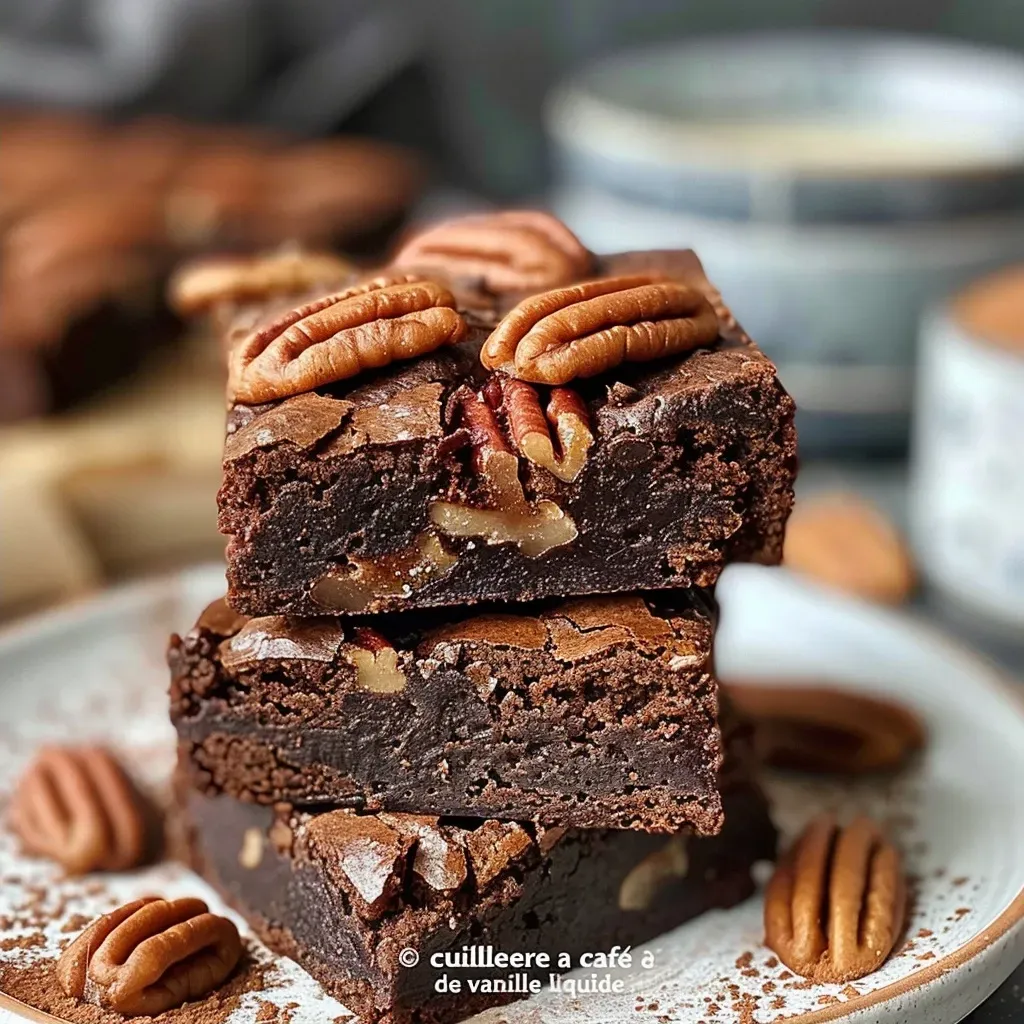 Chocolate brownies with a glossy surface and visible pecan pieces.