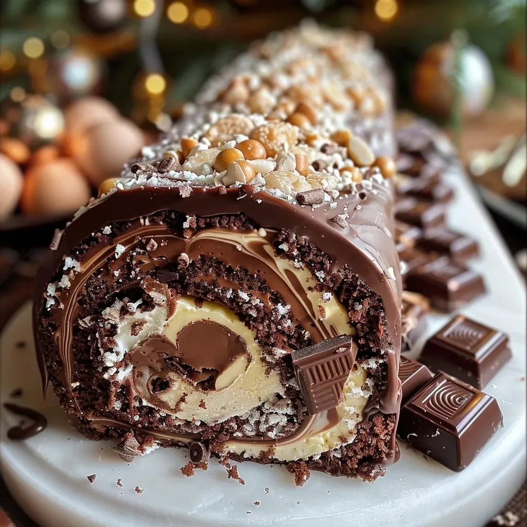 Close-up of a chocolate praliné Bûche with festive decorations.