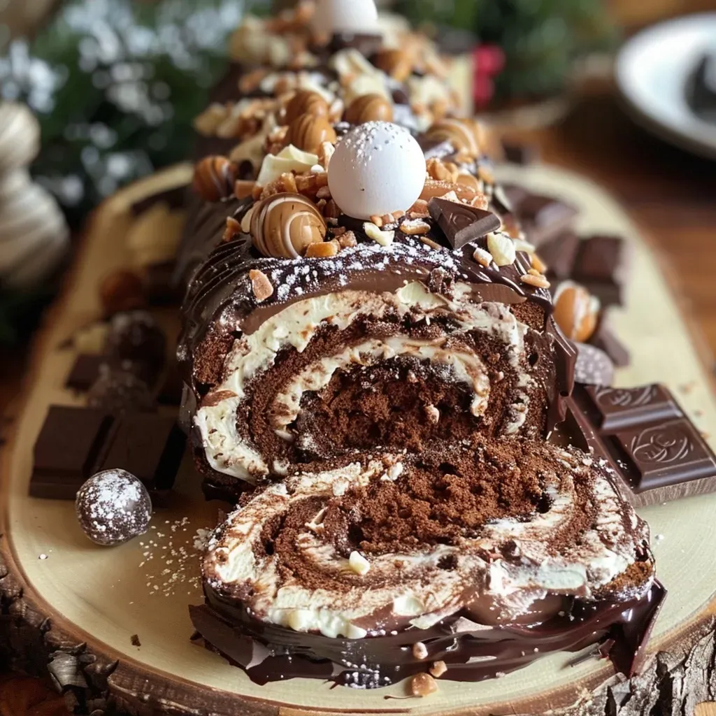 Side view of a sliced Bûche au chocolat praliné showcasing its rich layers.