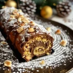 A close-up side view of a Bûche aux marrons, showcasing its creamy texture and rich chocolate glaze.