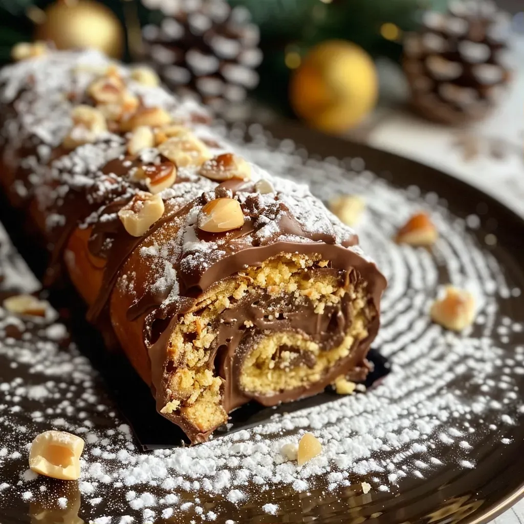 A close-up side view of a Bûche aux marrons, showcasing its creamy texture and rich chocolate glaze.