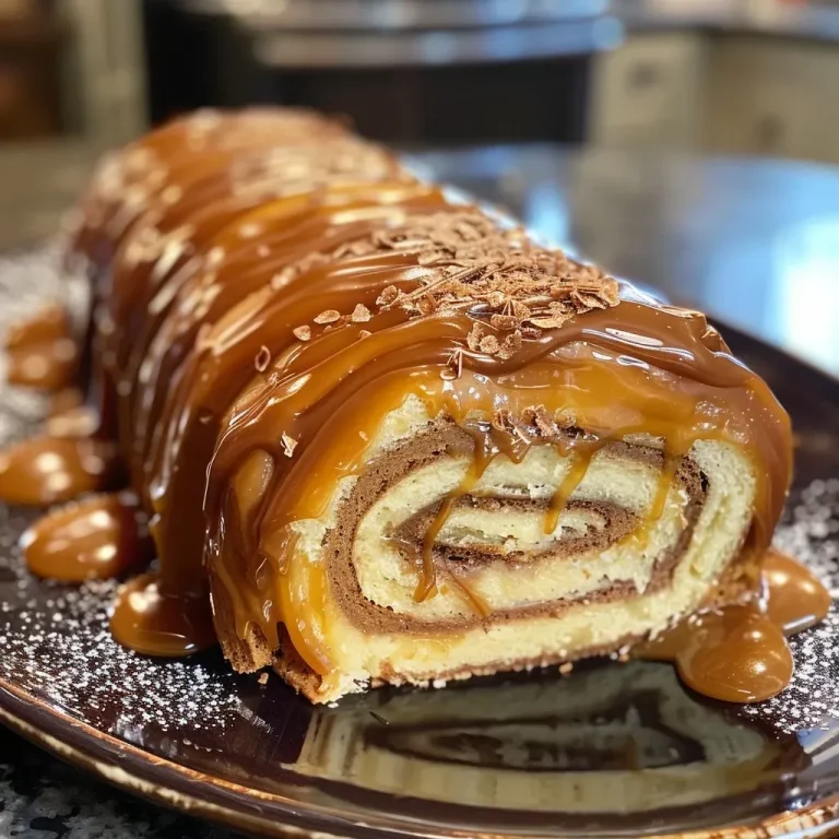 Close-up view of a caramel beurre salé Bûche de Noël on a plate.