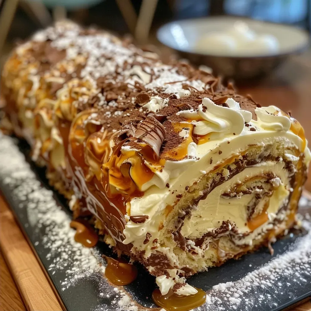 Side shot of a festive Yule log dessert topped with caramel glaze.