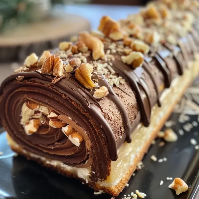 Close-up view of a chocolate and pear Yule log cake.